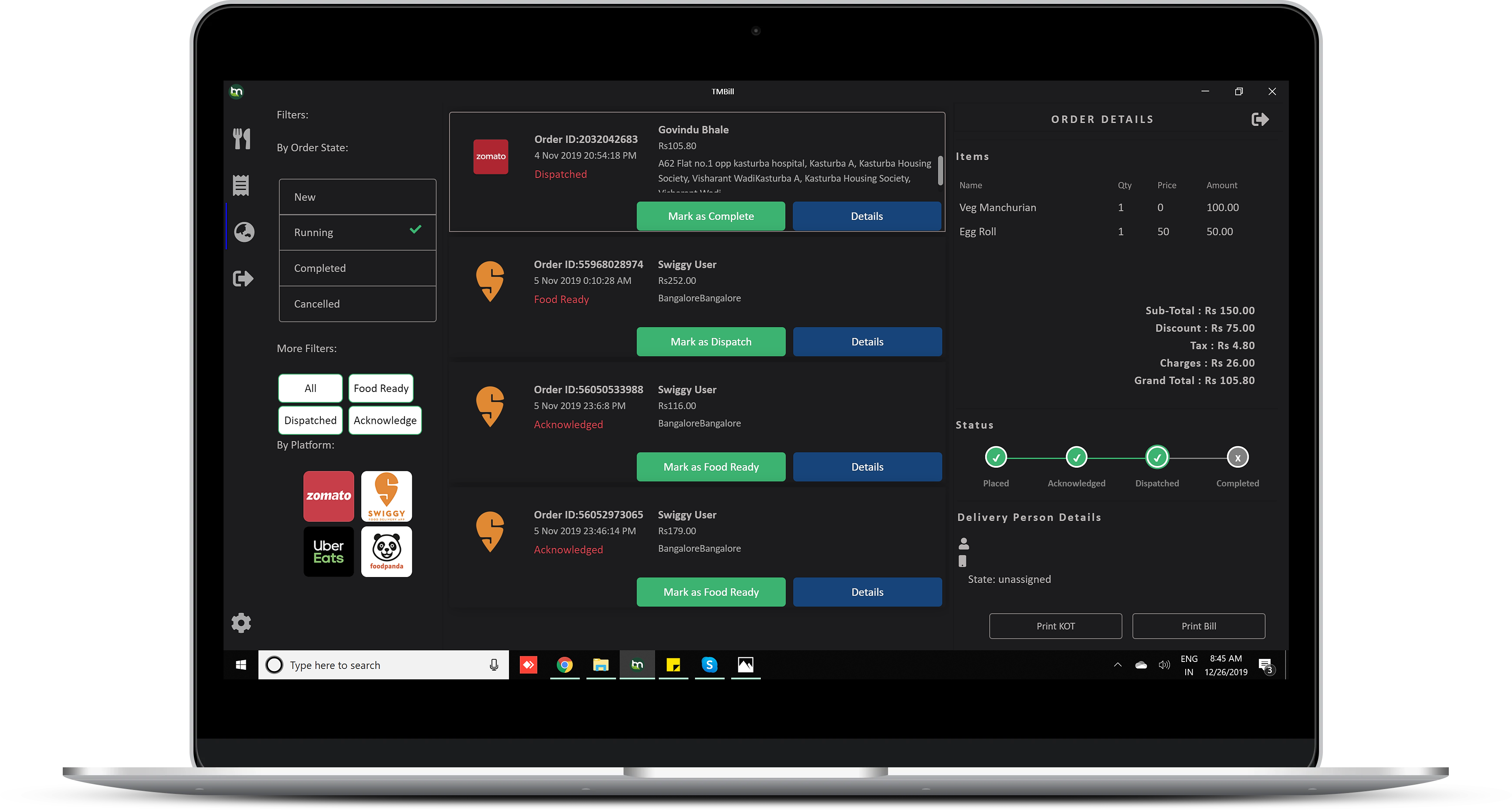 TMBill screenshot: TMBill order details from Zomato and Swiggy integration