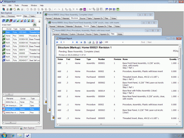 PDXpert PLM screenshot: Reports include product details by type, number, name and owner