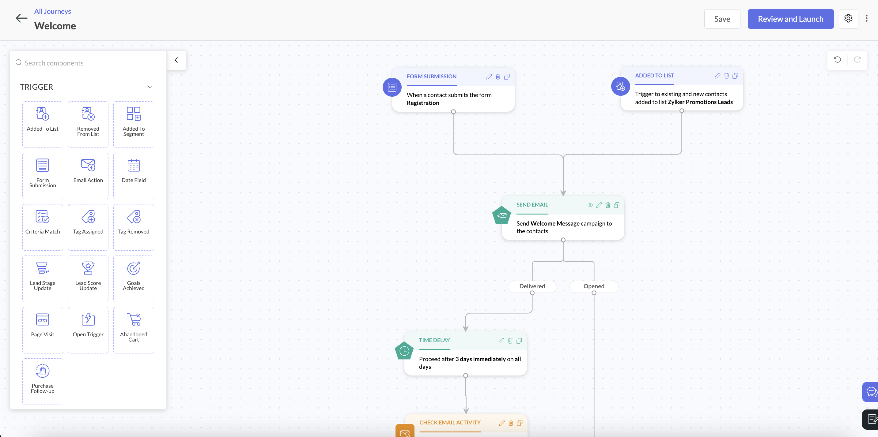 Zoho Marketing Automation Software - Automate your entire marketing efforts using simple but advanced user journeys. Do more with powerful journeys, from nurturing leads with personalized content to updating lead score, setting drip campaigns and automating communications across channels.