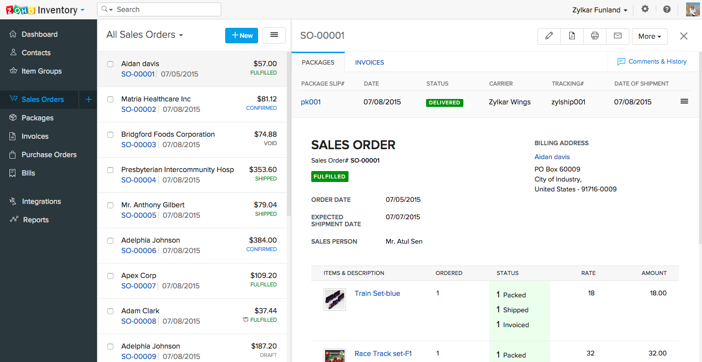 Zoho Inventory Software - Sales order