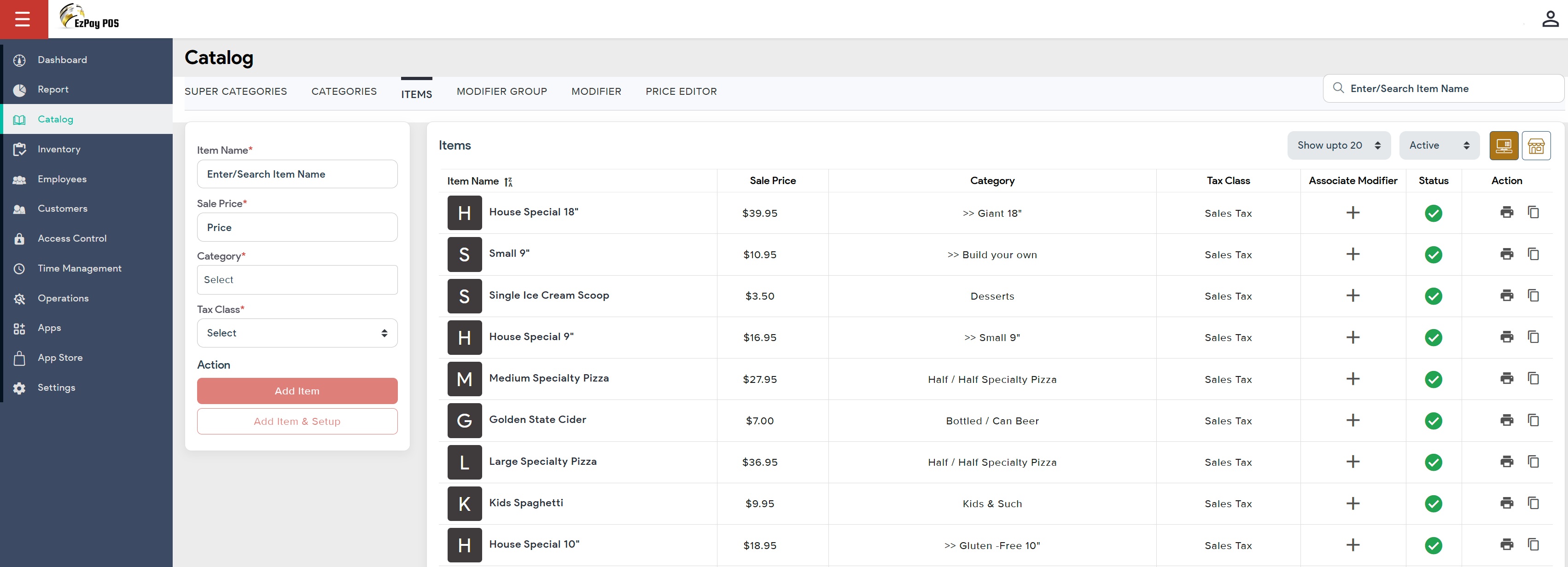 EzPay America screenshot: EzPay POS Inventory Screen