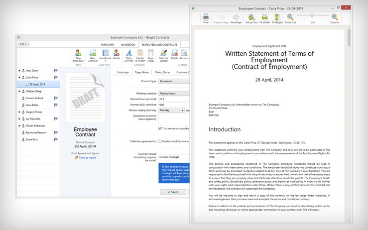 Bright Contracts screenshot: Bright Contracts employment contract