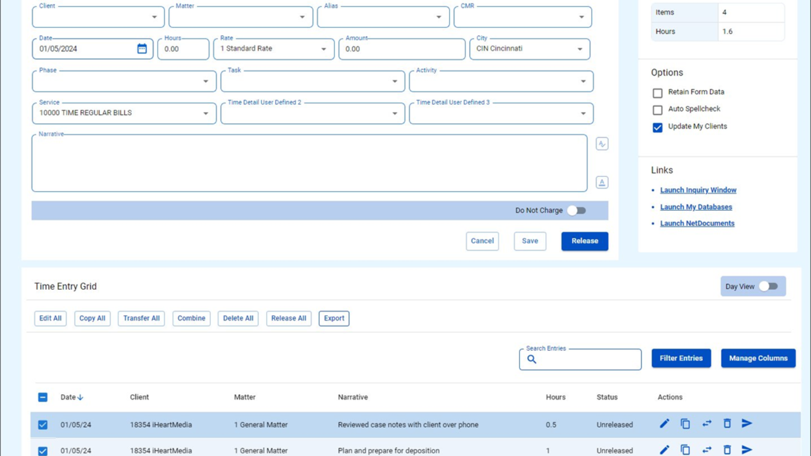 SurePoint screenshot: Legal Management System time entry