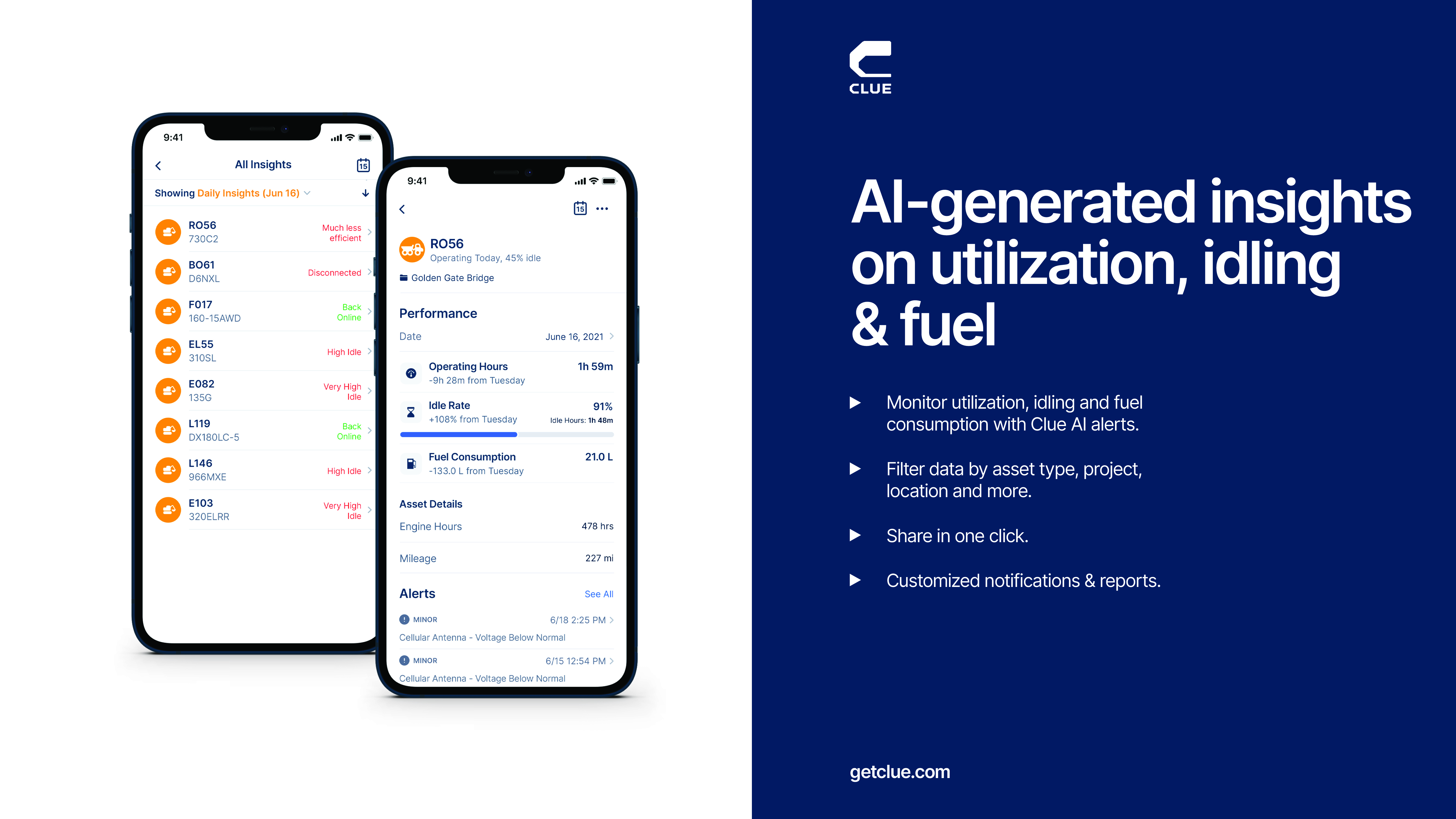 Clue's AI insights optimize idling, fuel consumption, and utilization, providing actionable data to enhance efficiency and reduce operational costs