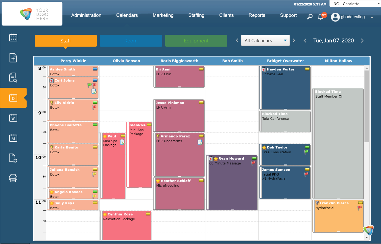 AestheticsPro Software - Integrated Calendar system for staff, rooms, equipment