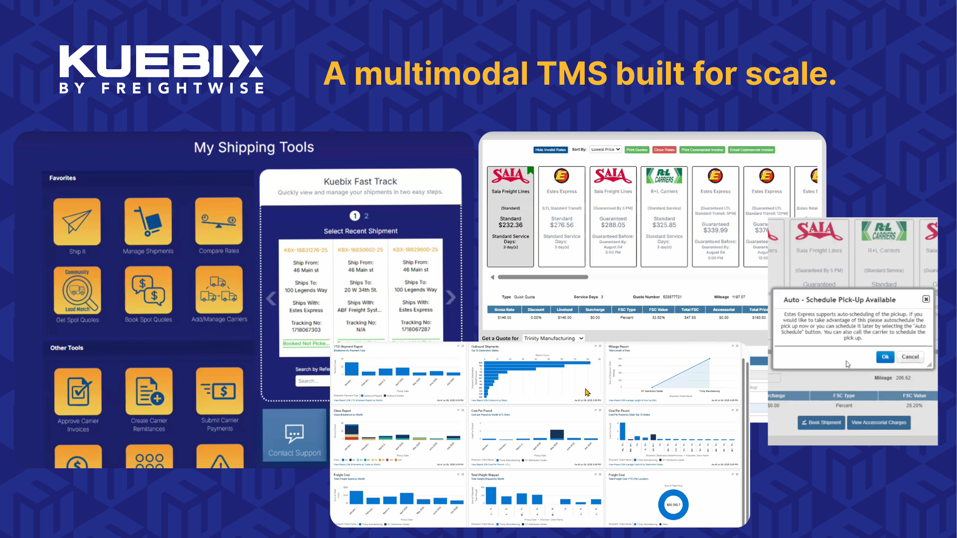 Kuebix TMS screenshot: Kuebix TMS, a multimodal TMS built for scale. With easy-to-use interface, book loads, determine the best carrier across modes, schedule pickups, generate documents (BOLs, etc.) and quickly track shipments via fast track.