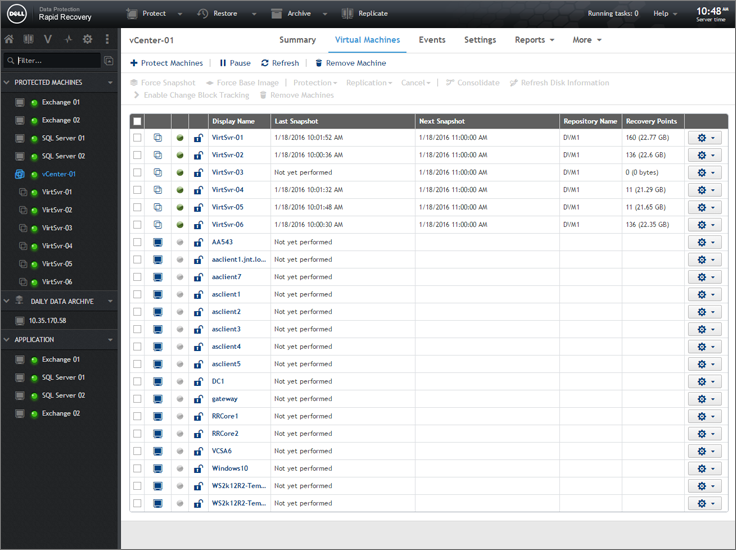 Rapid Recovery Software - GUI allows users to filter machines for quicker management