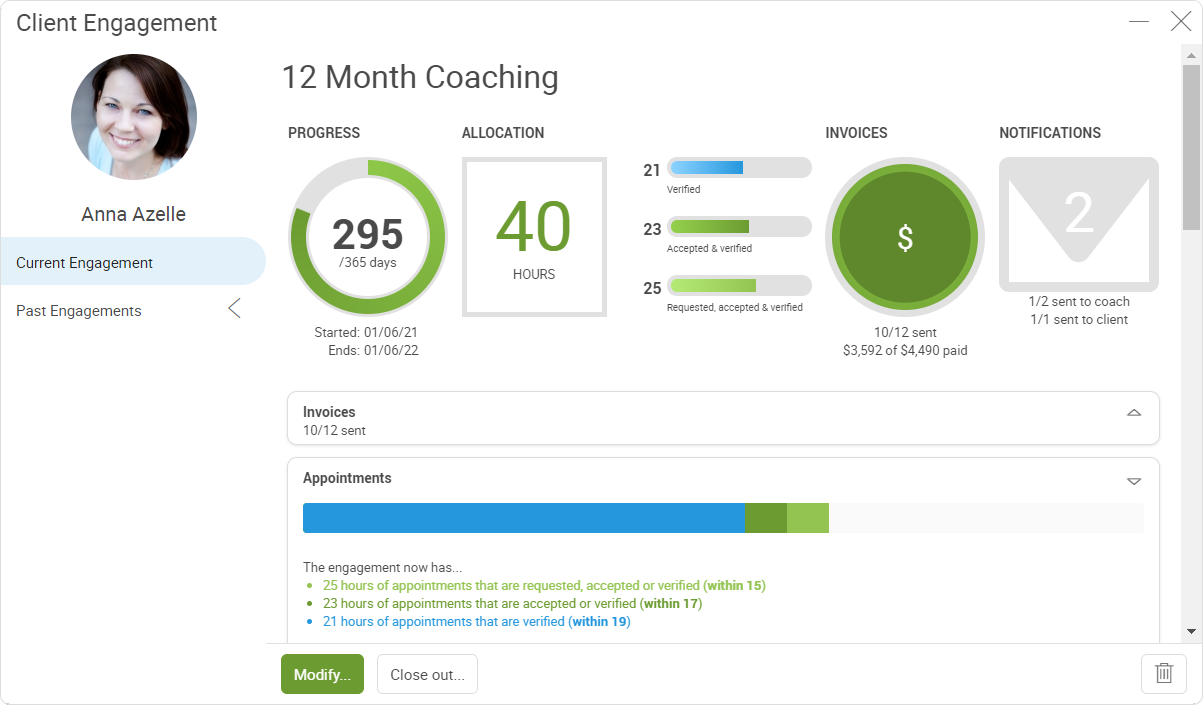 See and manage a client's coaching package progress, next upcoming invoice status, and more, at a glance.