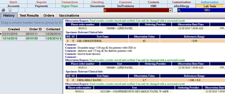 TheraManager EMR screenshot: TheraManager has an integrated lab interface for sending and receiving lab requests directly to patient's chart