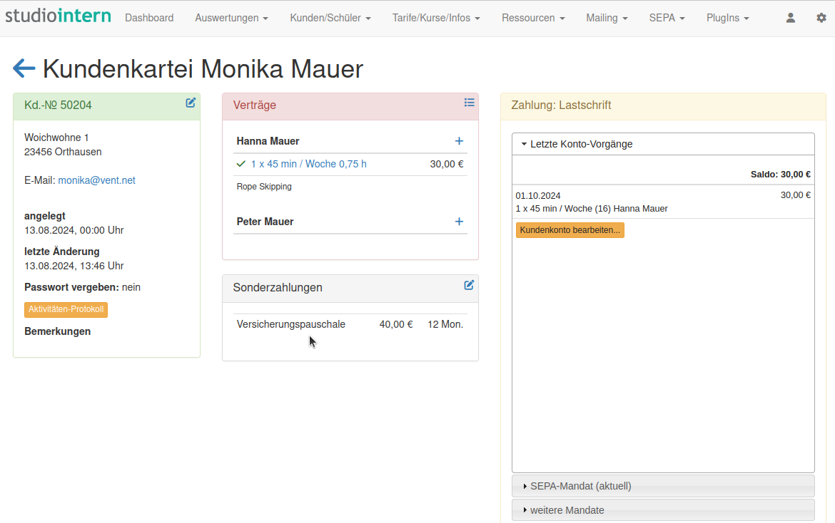 StudioIntern screenshot: StudioIntern Übersichtliche Kundenkartei mit den wichtigsten Infos auf einen Blick