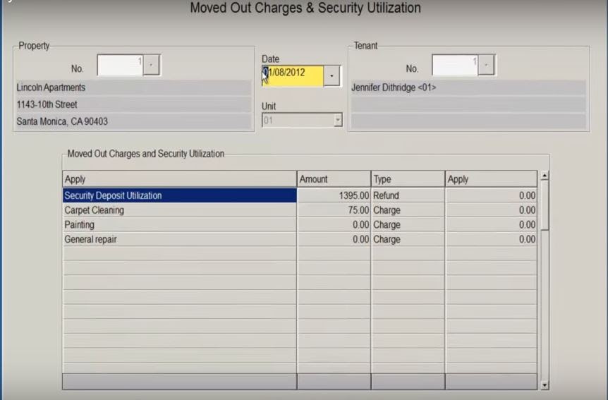 Property Boulevard Software - Moved out charges and security utilization