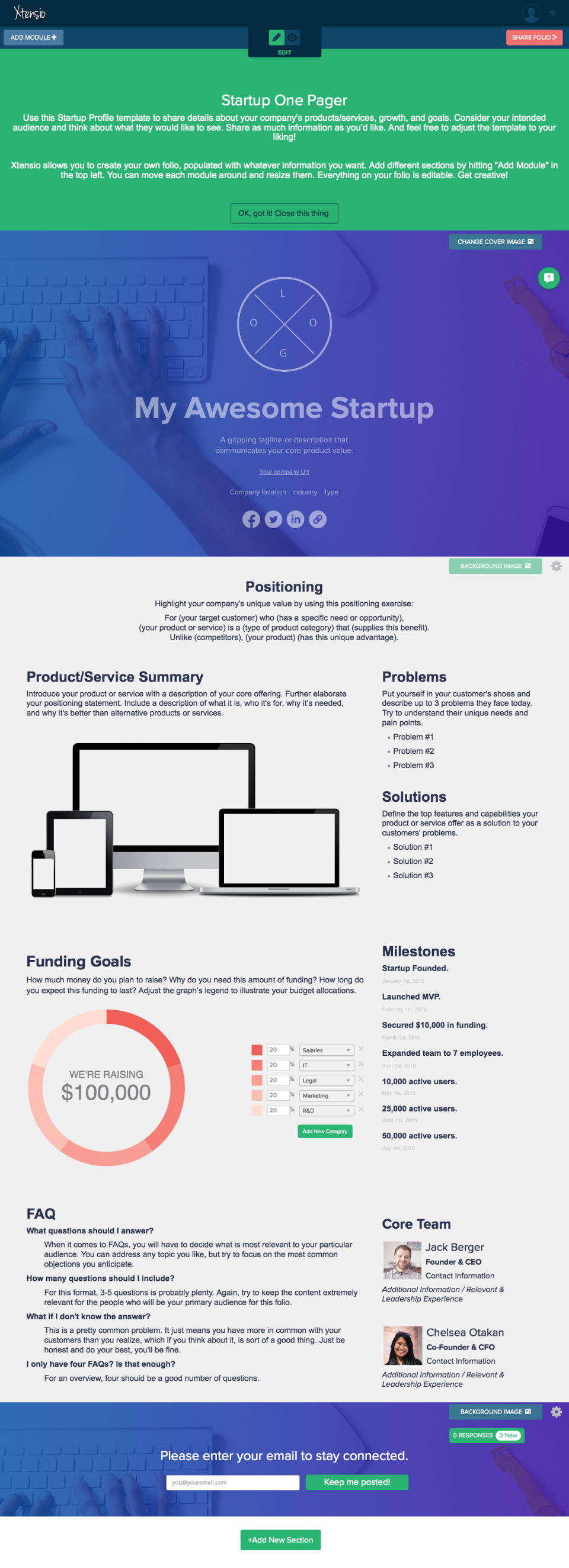 Xtensio startup one pager