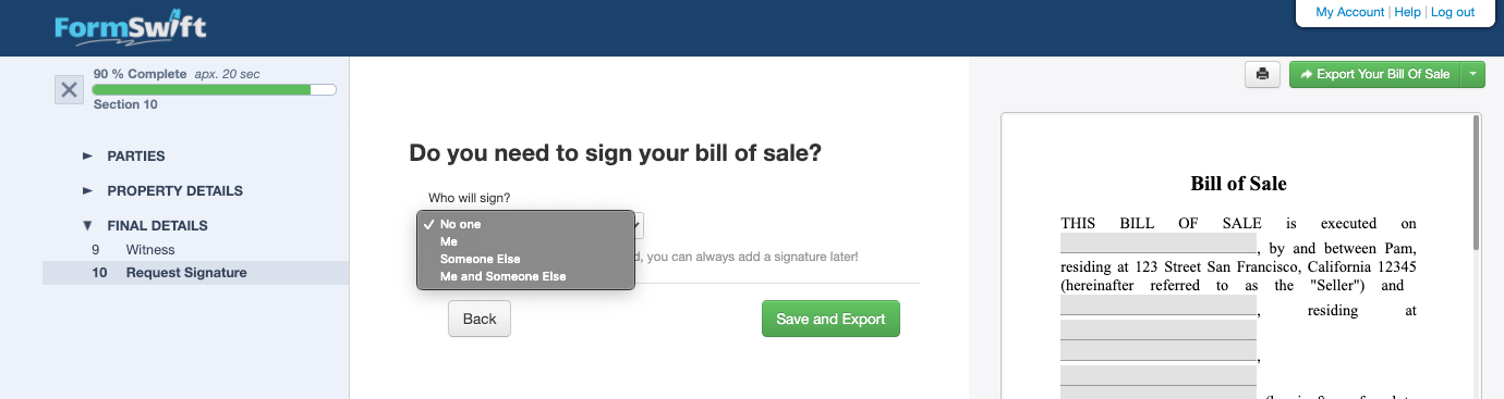 FormSwift screenshot: FormSwift signature