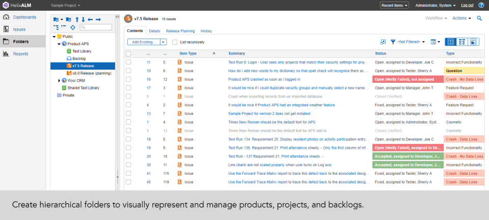 Hierarchical folders provide a familiar management metaphor for visualizing products, projects and backlogs