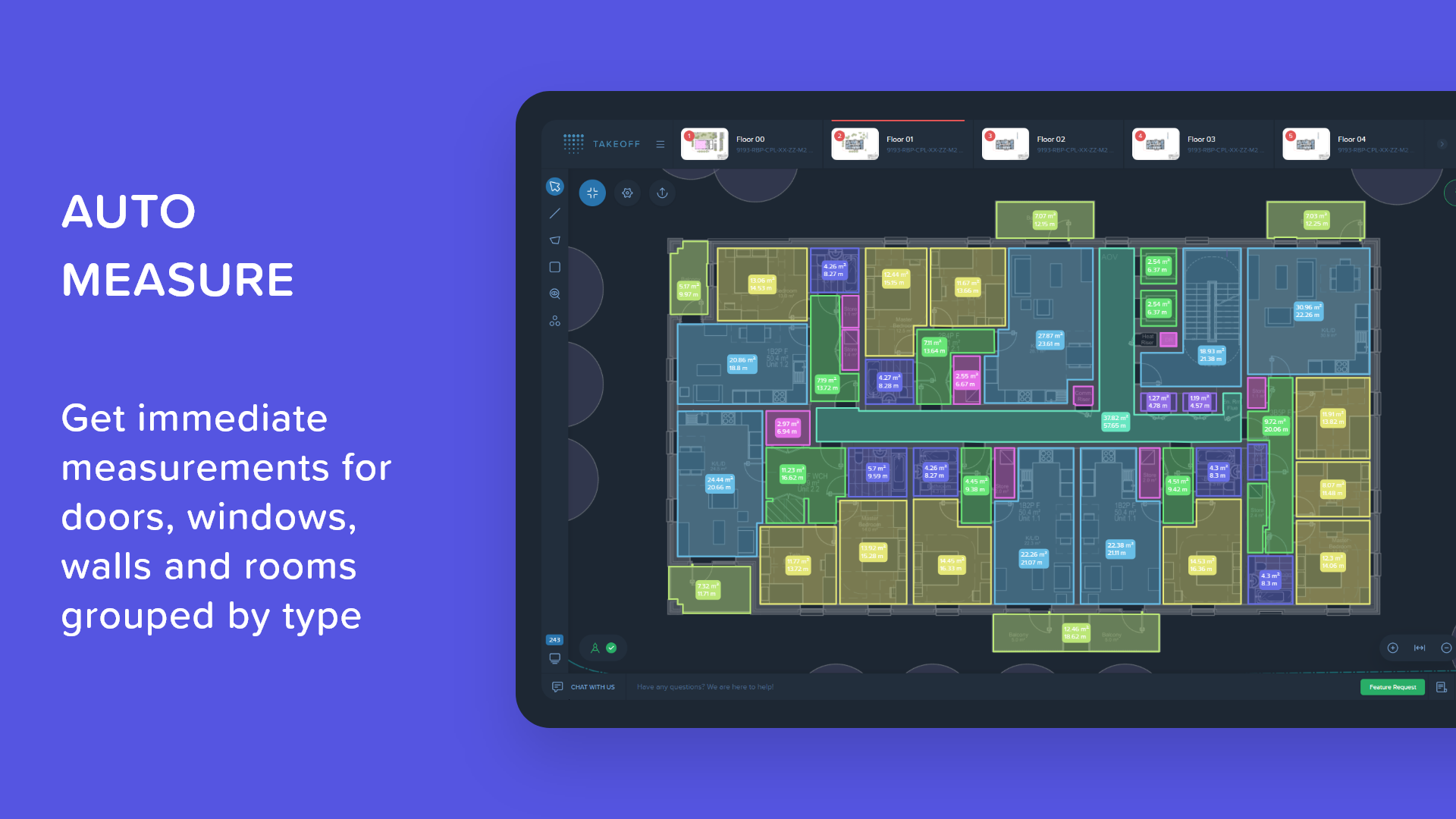 Kreo Software screenshot: Get immediate measures for walls, doors, windows and rooms grouped by type