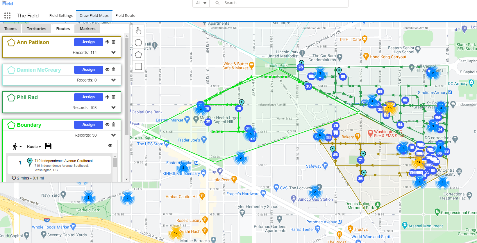 The Field screenshot: The Field manage multiple routes and territories