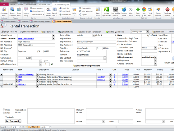 The Service Program Software - The Rental Transaction tab showing customer selection fields and records of billable rental items, with quantity and monthly / weekly / daily pricing rates etc