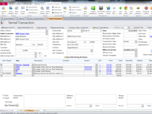 The Service Program Software - The Rental Transaction tab showing customer selection fields and records of billable rental items, with quantity and monthly / weekly / daily pricing rates etc