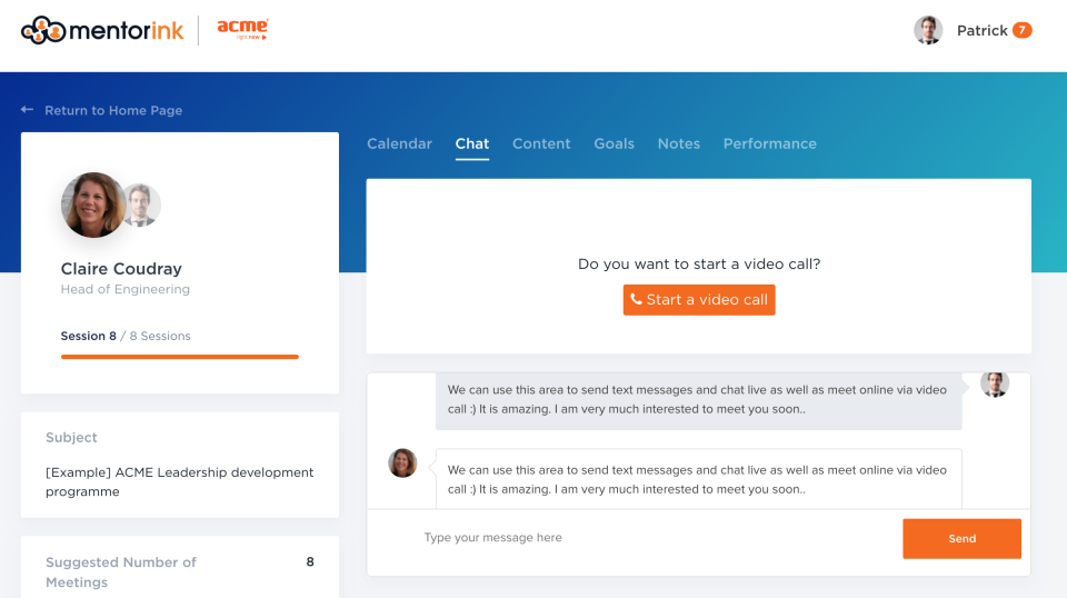 Mentorink Software - Pair page - Video call