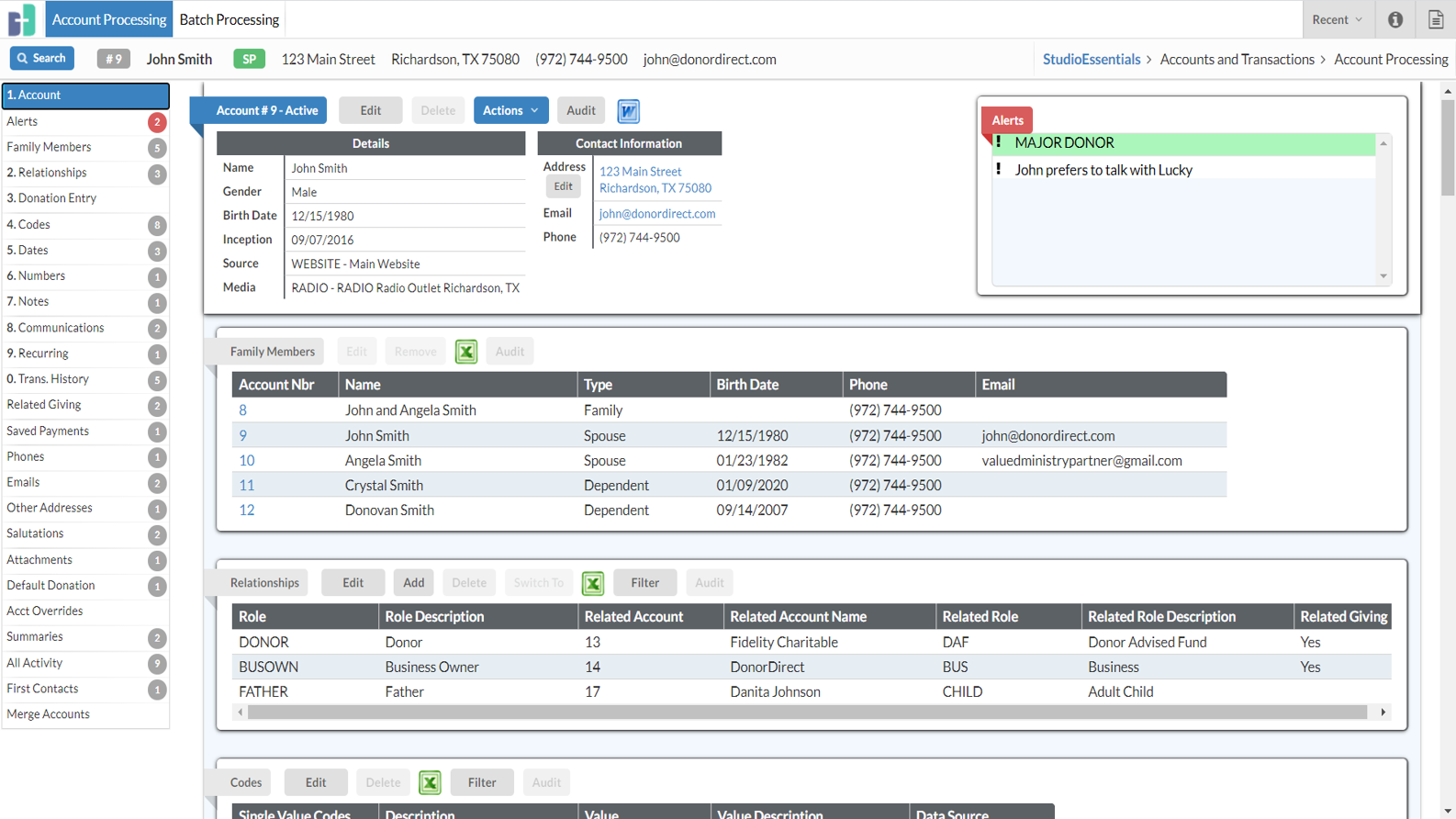 StudioEnterprise screenshot: StudioEnterprise provides a 360 account experience for your constituents - whether they're donors, volunteers, subscribers, organizations - track and manage every interaction your ministry has had with every constituent you've engaged with.