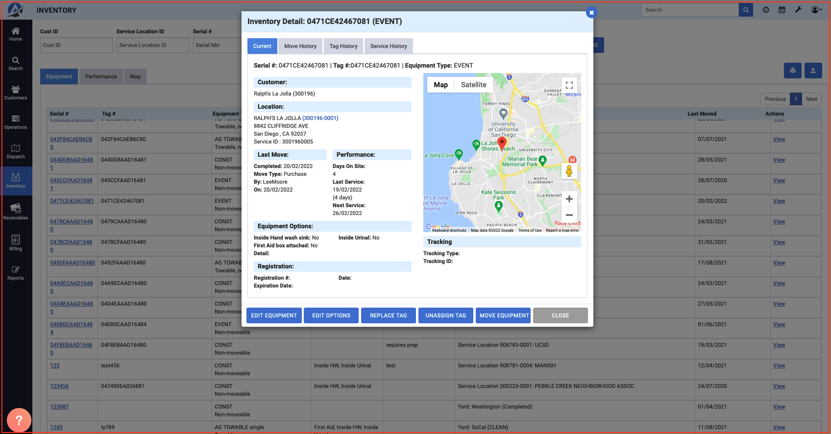Inventory detailing current service or yard location, Map view of service location determined by RFID tags, Performance KPI's, Detailed service records, Yard balances auto-adjusted by work Orders, System views that show what it is, where it is now.