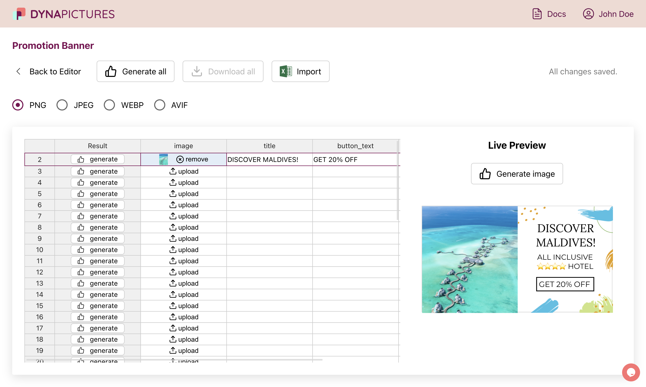 DynaPictures screenshot: DynaPictures image generator from spreadsheets