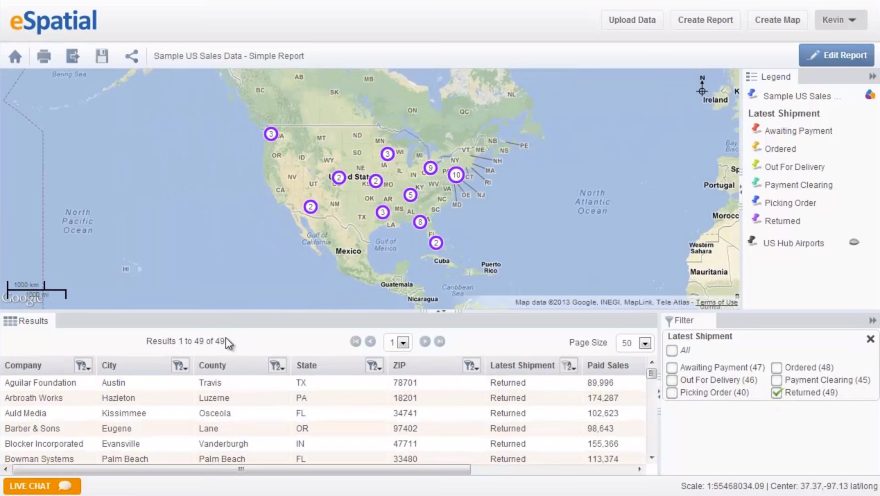 eSpatial screenshot: Dynamic filtering tools to identify patters and trends