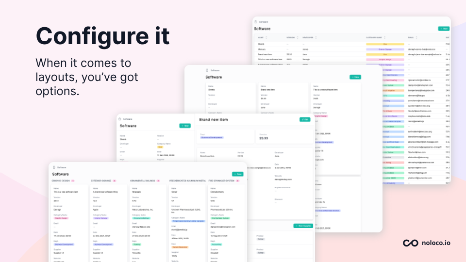 Choose the layout that works best for your data. Noloco offers pre-built layouts like kanban boards, cards, split view and tables.