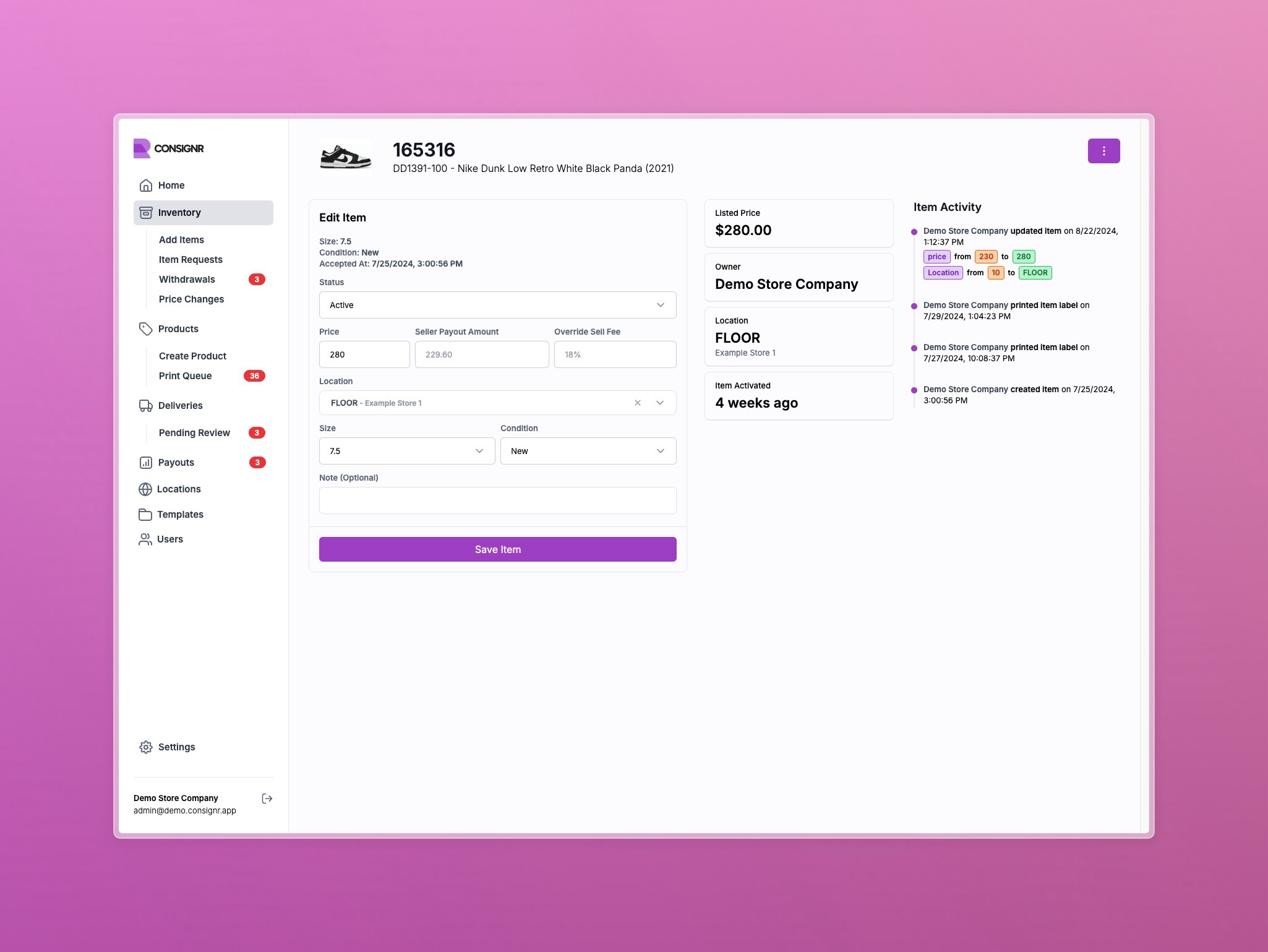 ConsignR screenshot: ConsignR Admin Dashboard - View consigned item details and edit