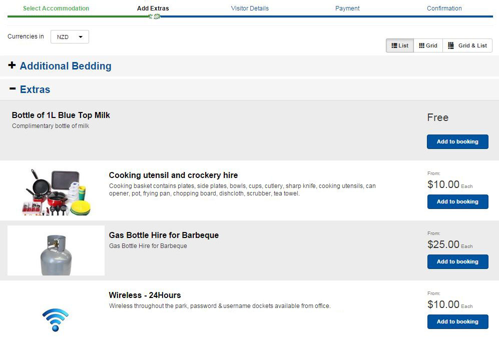 iBex PMS Software - Public booking screen showing the next stage of adding extras to a booking, with pricing guides