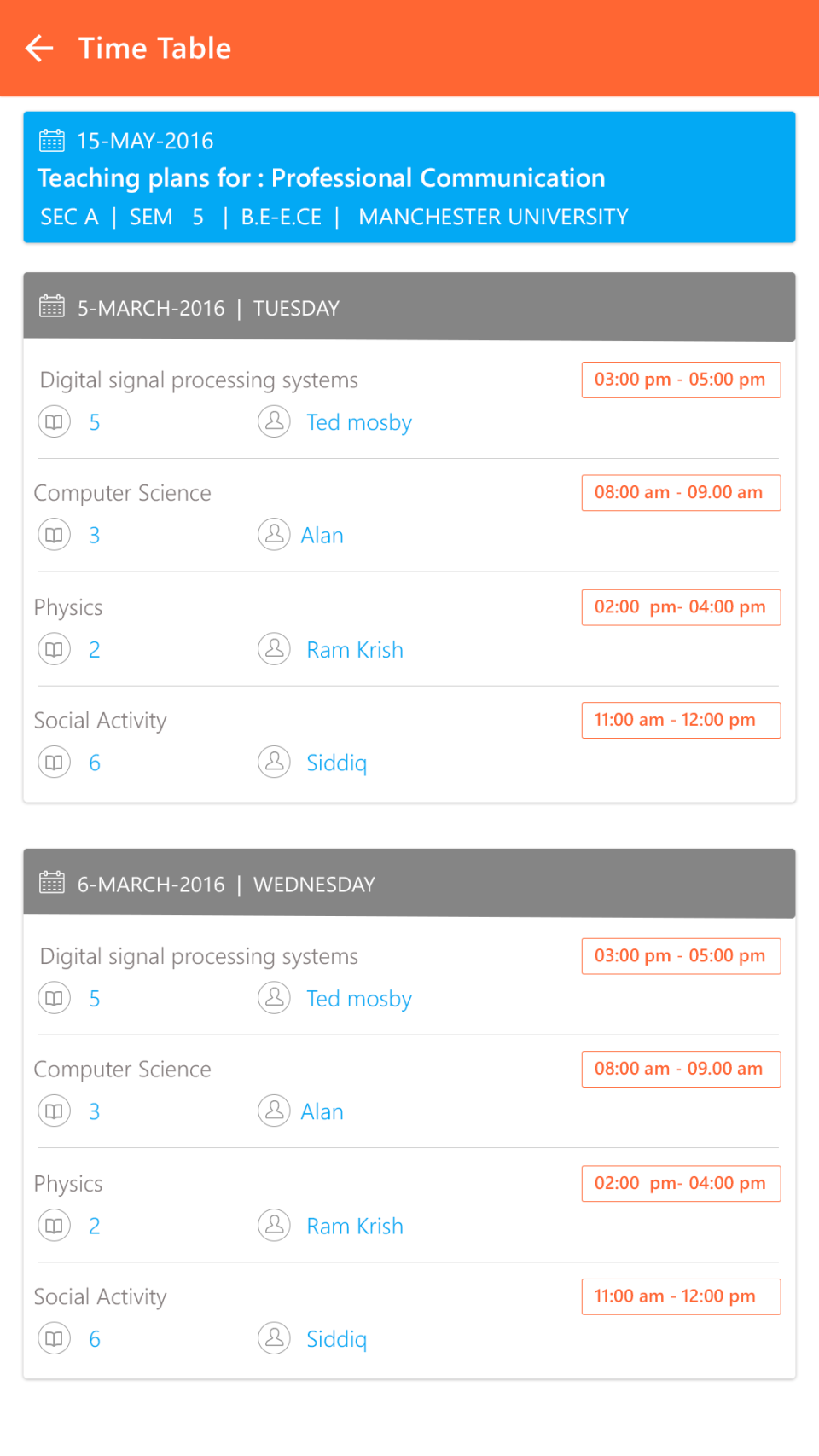 Class schedule/Timetable Mobile View in Camu mobile App.