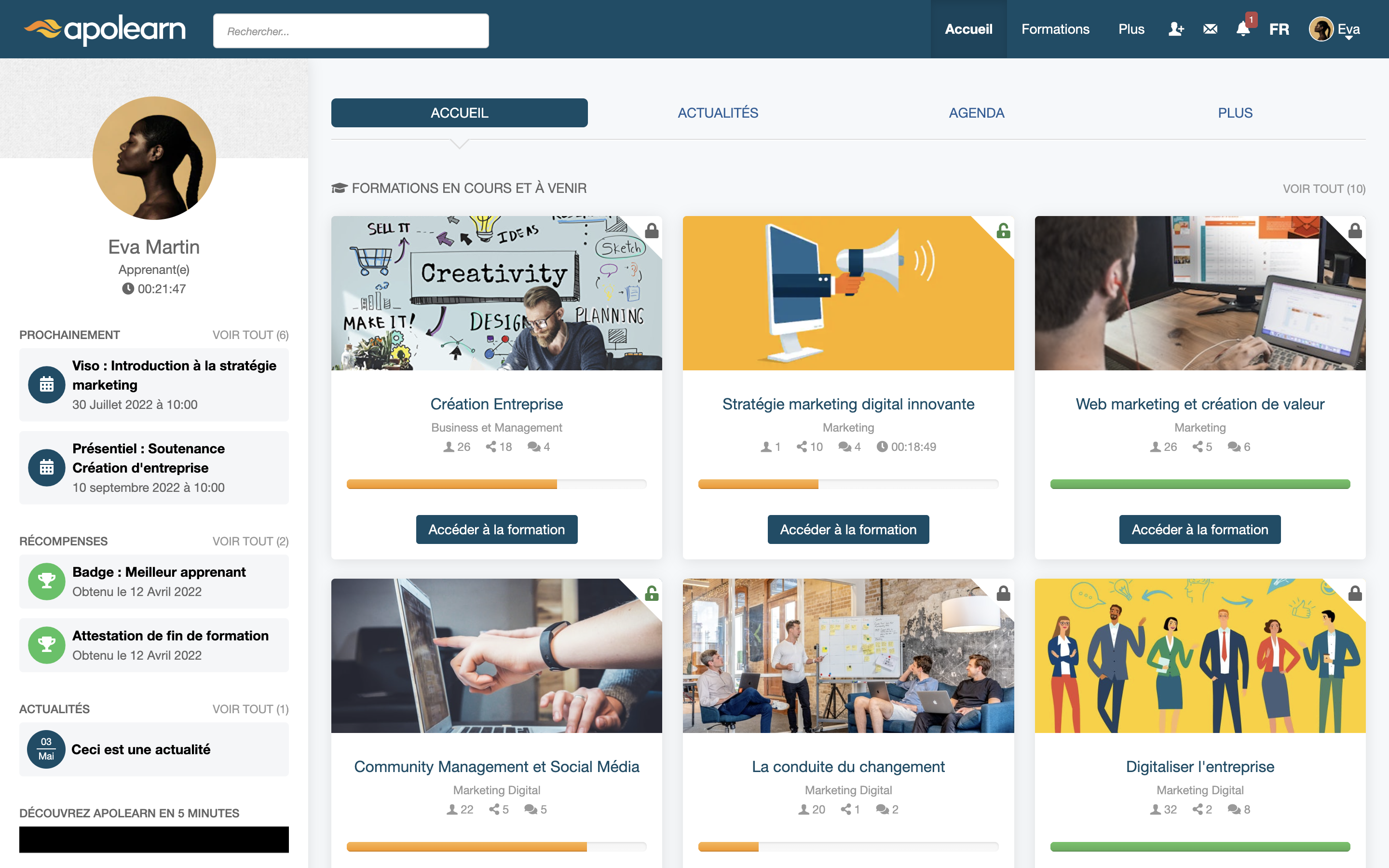 Apolearn screenshot: Apolearn Student Home Page