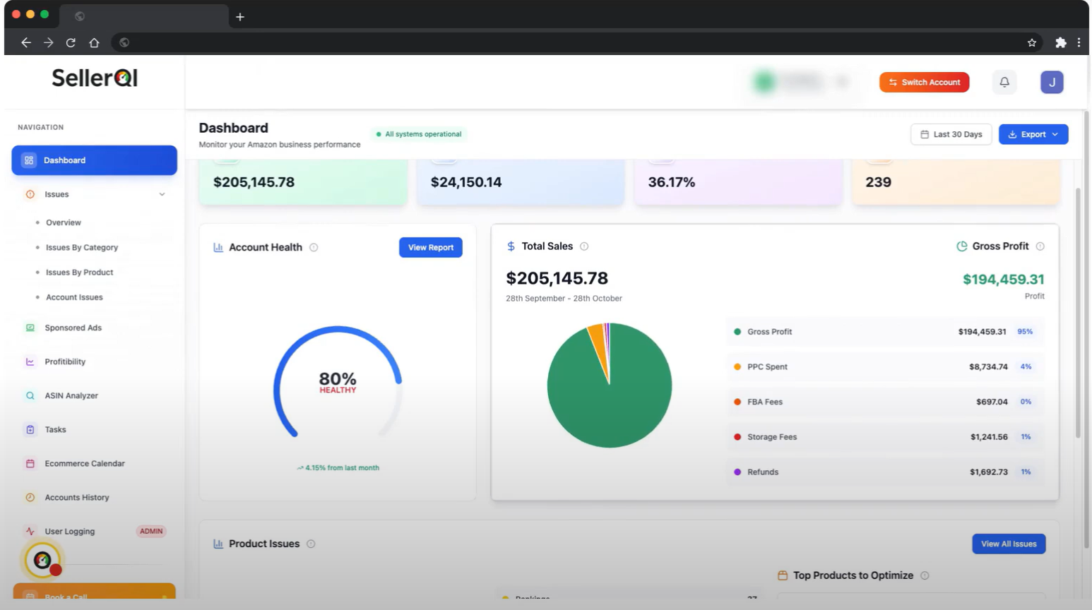 SellerQI screenshot: SellerQI  Dashboard view