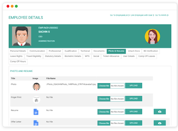 Officekit screenshot: Access employee details such as contact info, qualifications, resume, and more