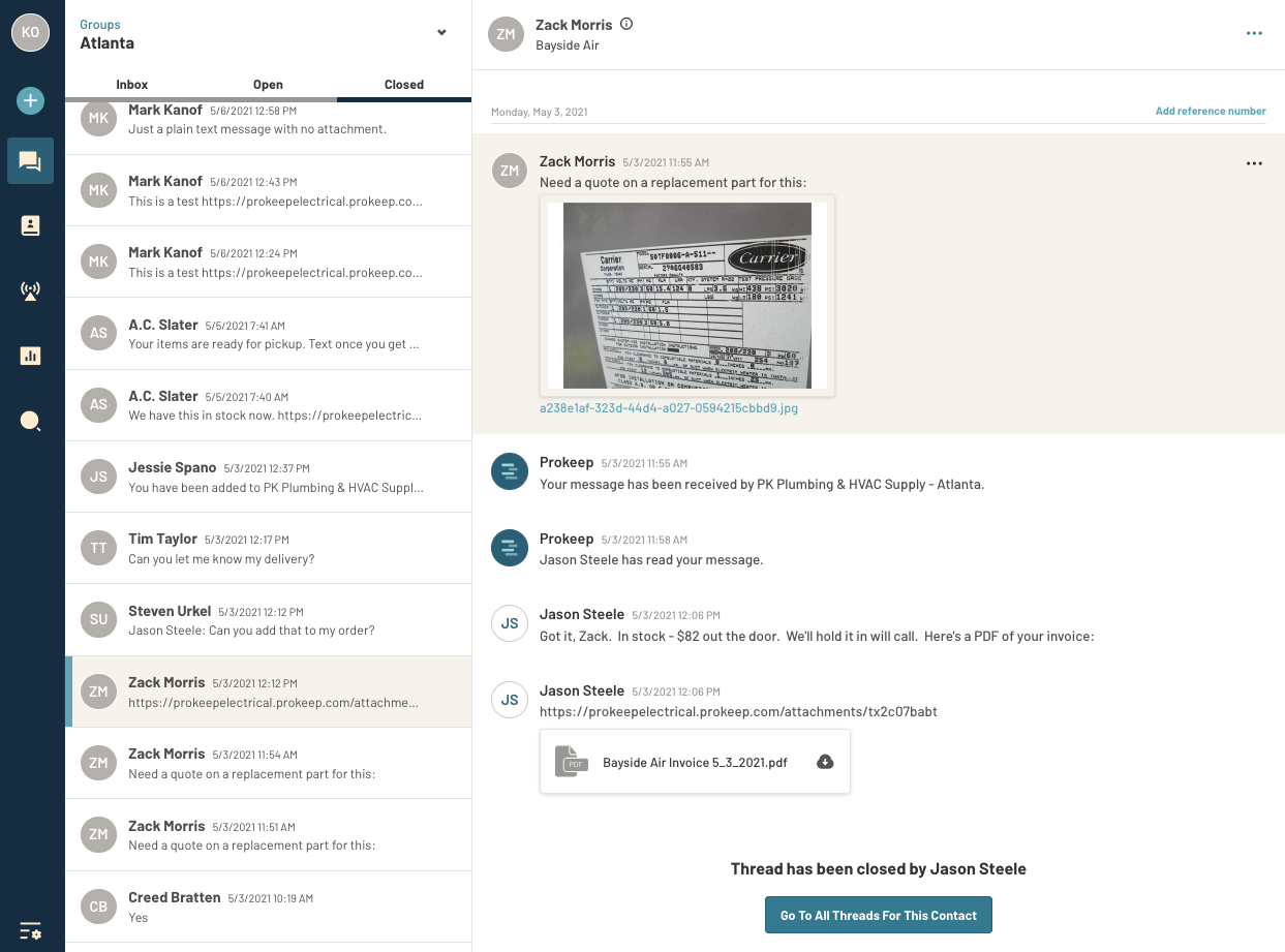 Prokeep screenshot: In-App Screenshot of a distributor-contractor message thread.