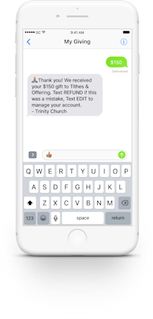 Kindrid screenshot: True Text Giving means your givers can give with one text