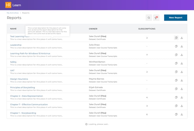 HireRoad screenshot: Easily report on your learners progress, certificates, and status. 
