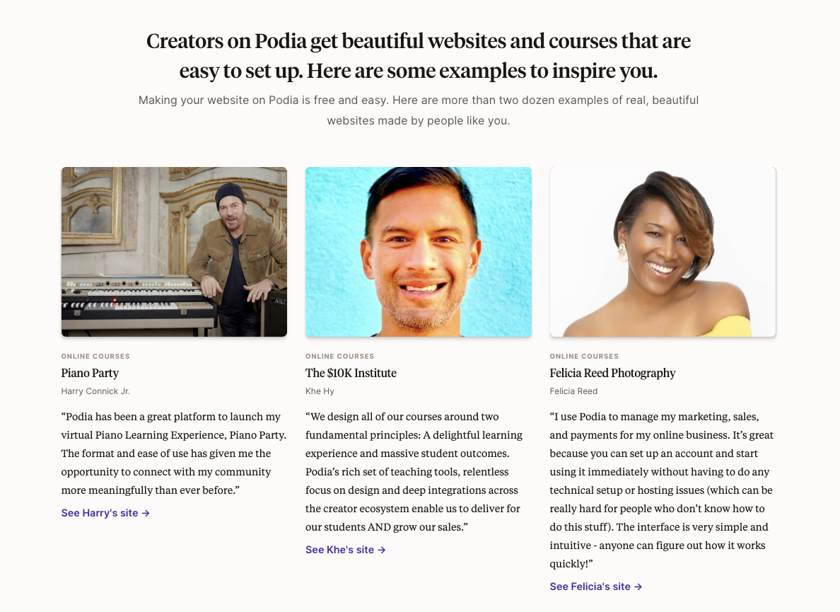See how creators like you use Podia to host their websites, sell their courses and products, run their communities, and grow their income.