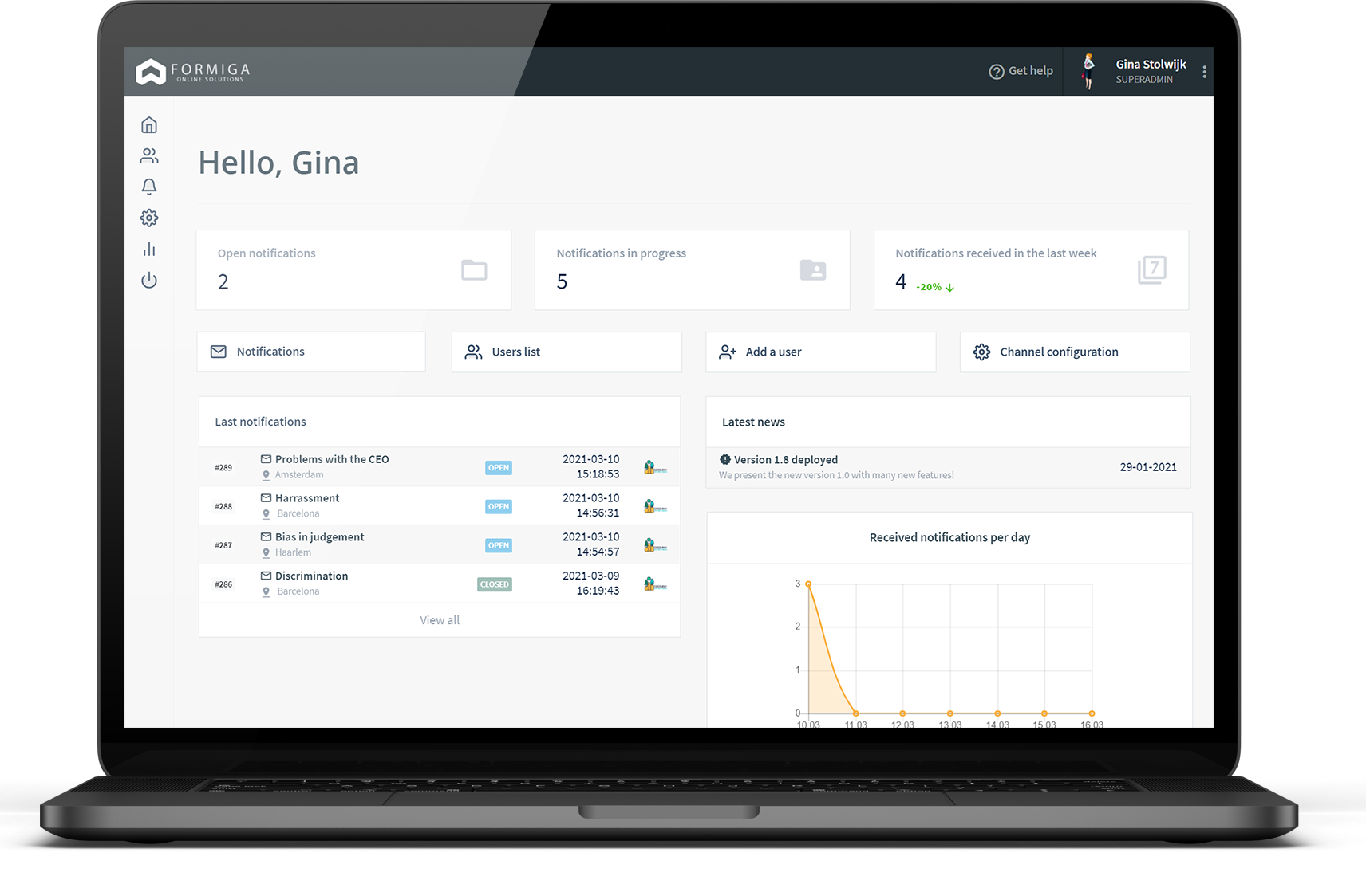 WhistleForm screenshot: Notifications management panel