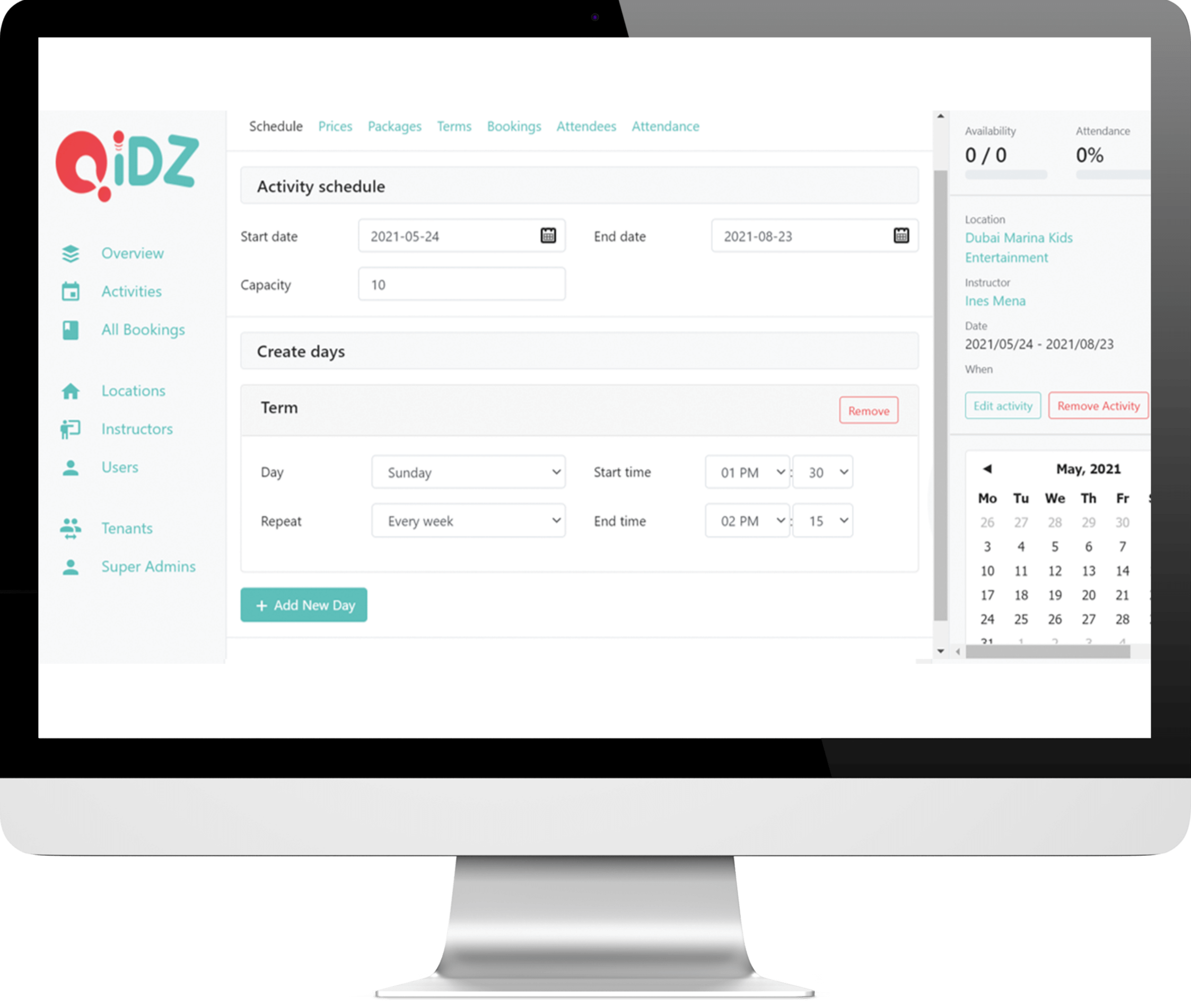 Set up activity details, schedule, prices, bookings and attendance with our scheduling system