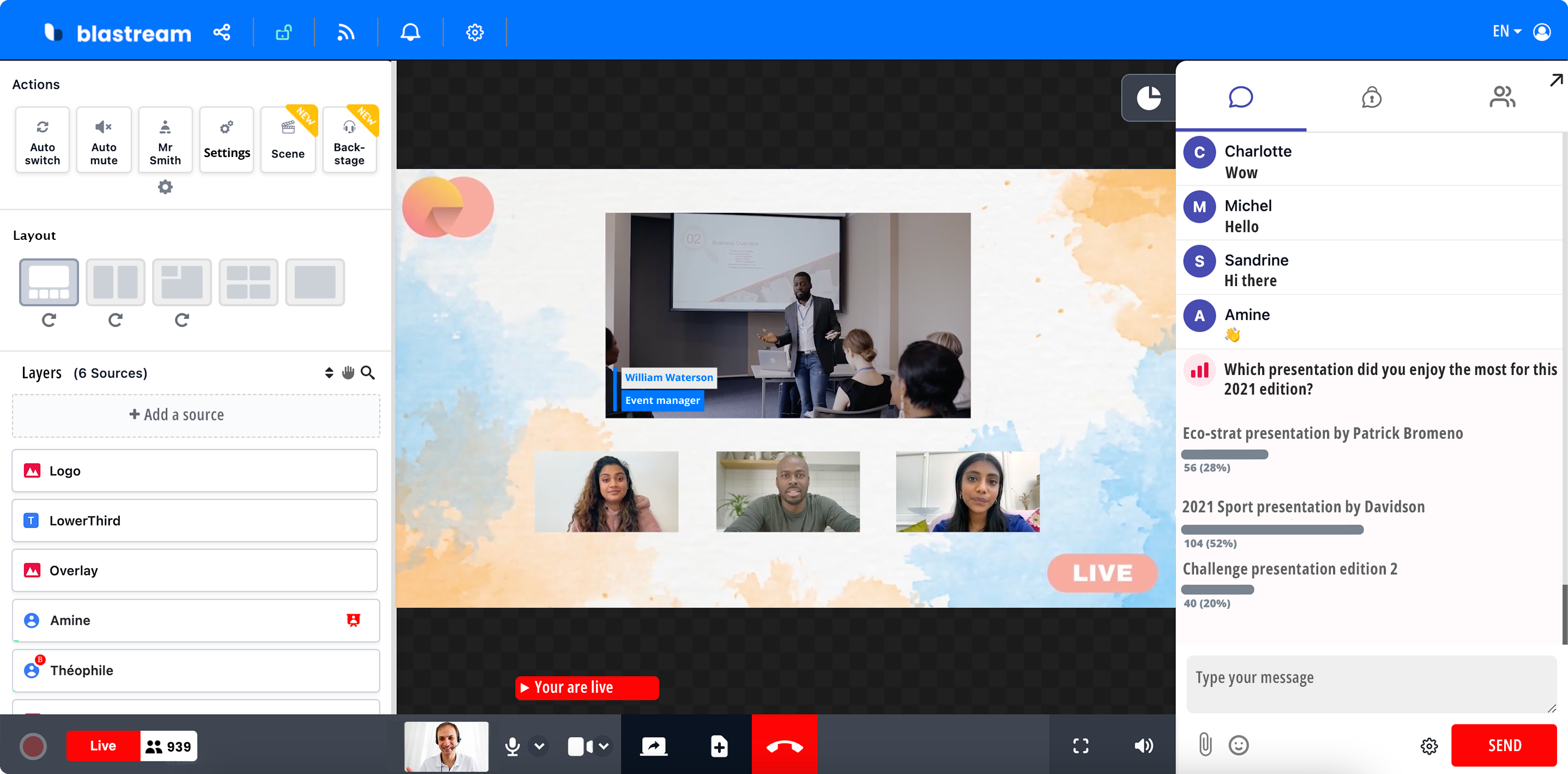 Blastream screenshot: Produce and broadcast your live show from the Blastream web interface
