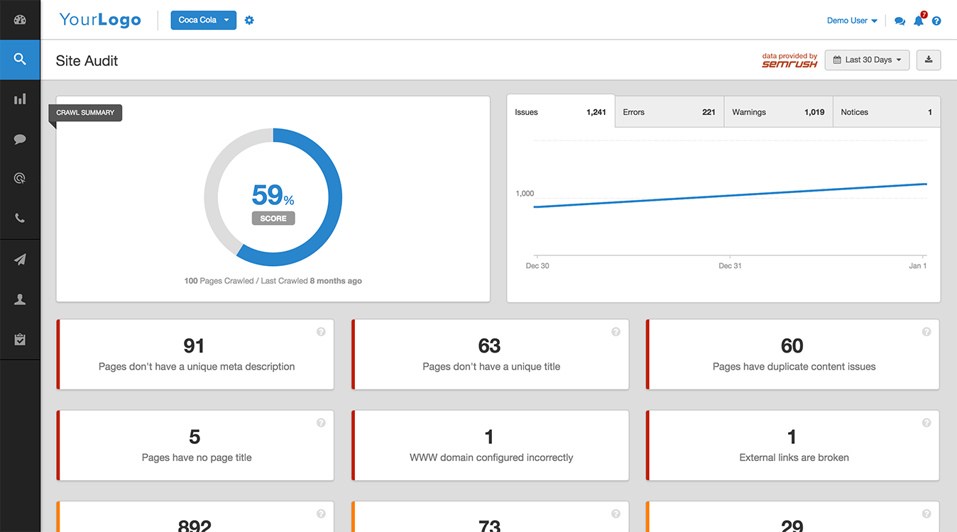 The site audit tool in Agency Analytics automatically flags 44 common SEO issues on clients' websites