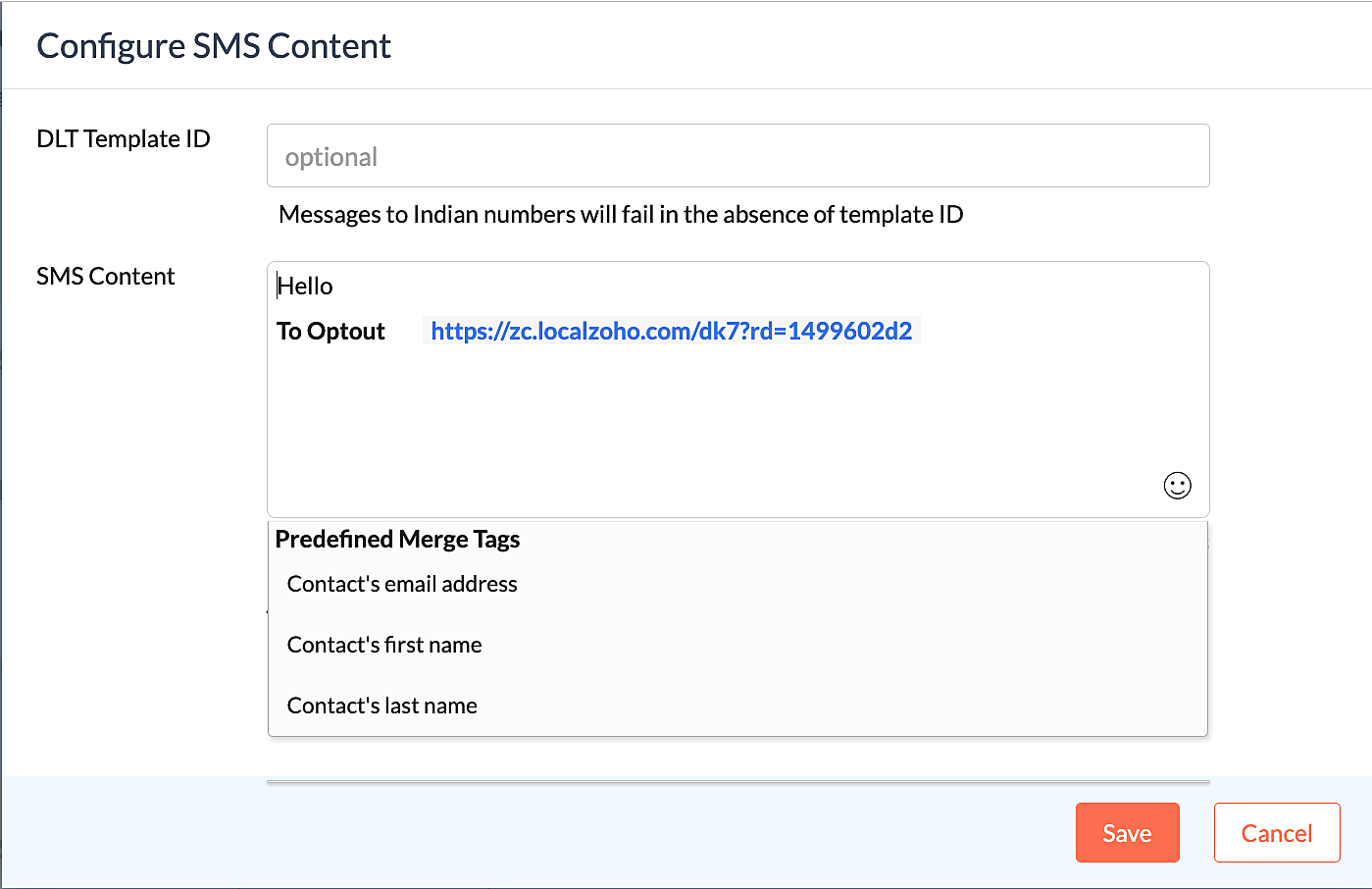 Zoho Campaigns Software - Zoho Campaigns Merge tags in SMS campaigns content