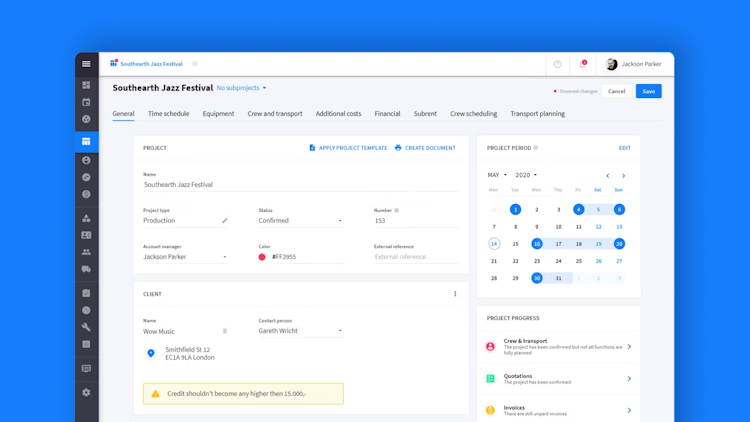 Rentman screenshot: This is Rentman. Simply create a new project where you can see your client details, project times, location of the project, scheduled equipment and crew, quotes & invoices and many more.