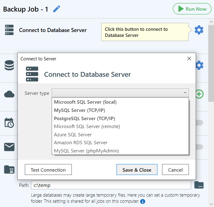 SQLBackupAndFTP Software - By clicking the "gear" button at the "Connect Database Server" section you can set the connection to your DBMS