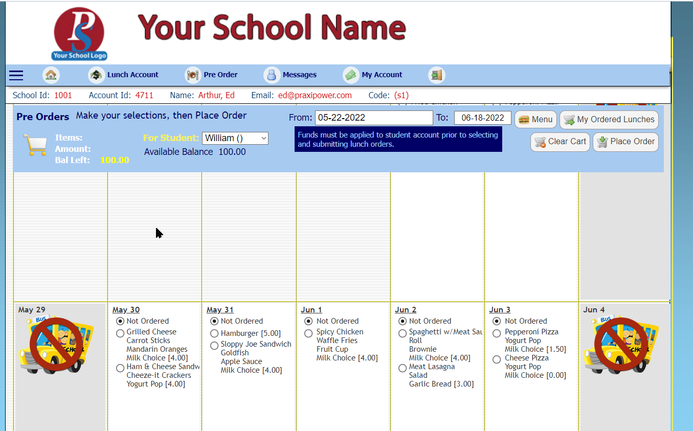 Parent Portal - Lunch Ordering