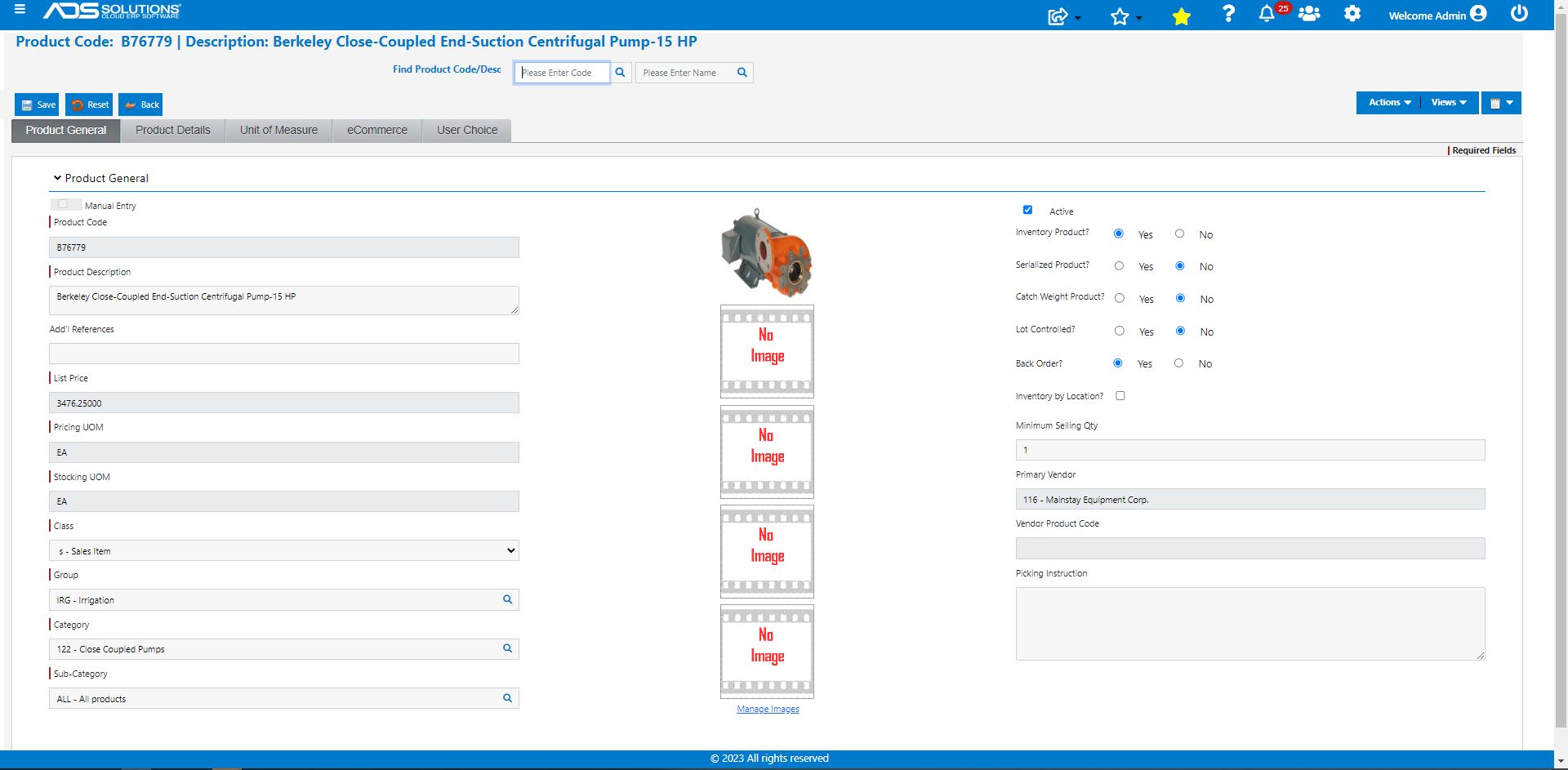 Accolent ERP Software - Product General information showing additional tabs for Product Details, Unit of Measure, eCommerce and User Choice information