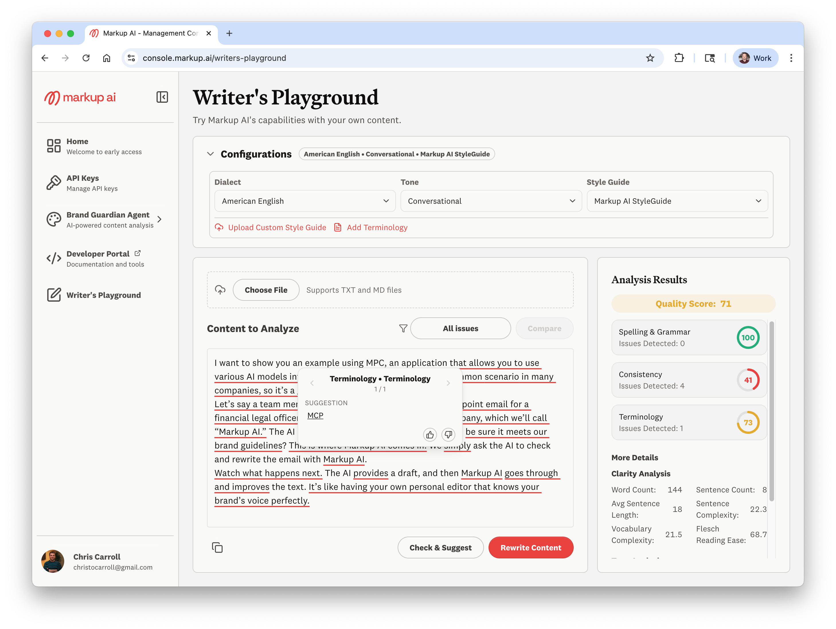 Markup AI screenshot: The Writers Playground for content quality checking.