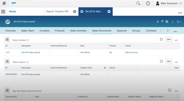 SAP Sales Cloud screenshot: SAP Sales Cloud sales documents