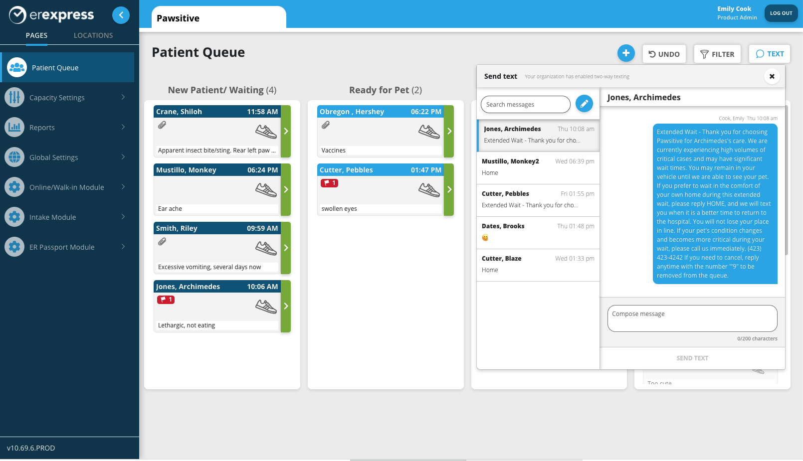 ER Express screenshot: ER Express Veterinary Mobile Check-in patient queue